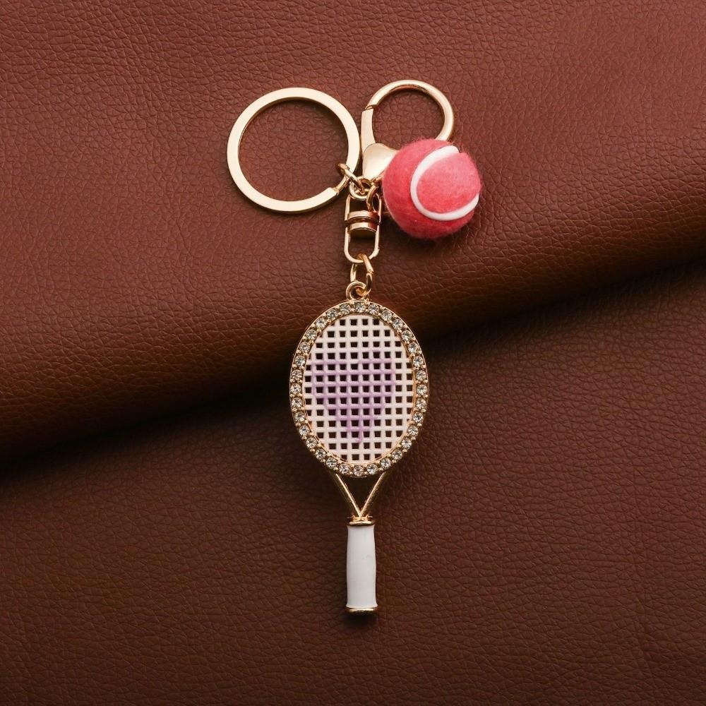 Alloy Inlaid Rhinestone Tennis Racket Keychain Mini Felt Ball Sports Keychain Pendant for Women