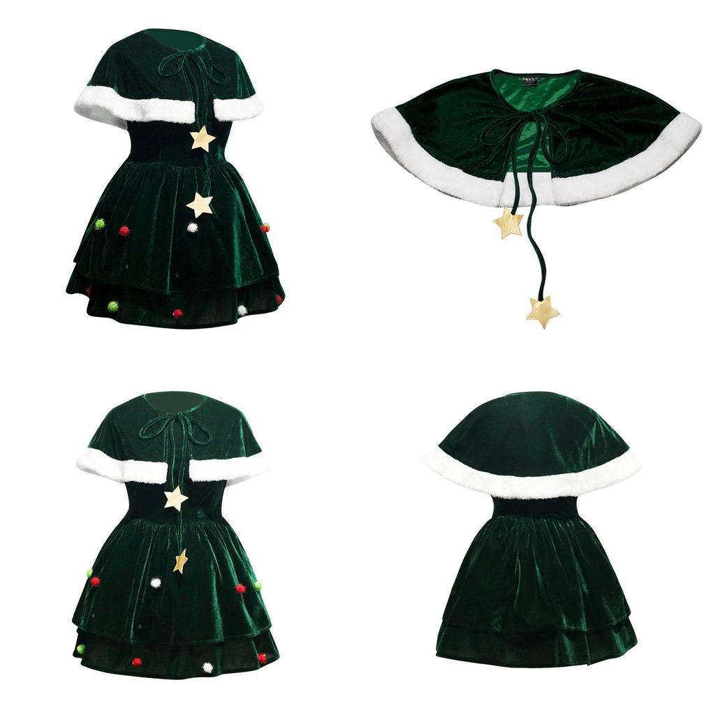 Gorgeous Women Christmas Tree Cosplay Costume Plus Size Xmas Dress Cloak Hat Party