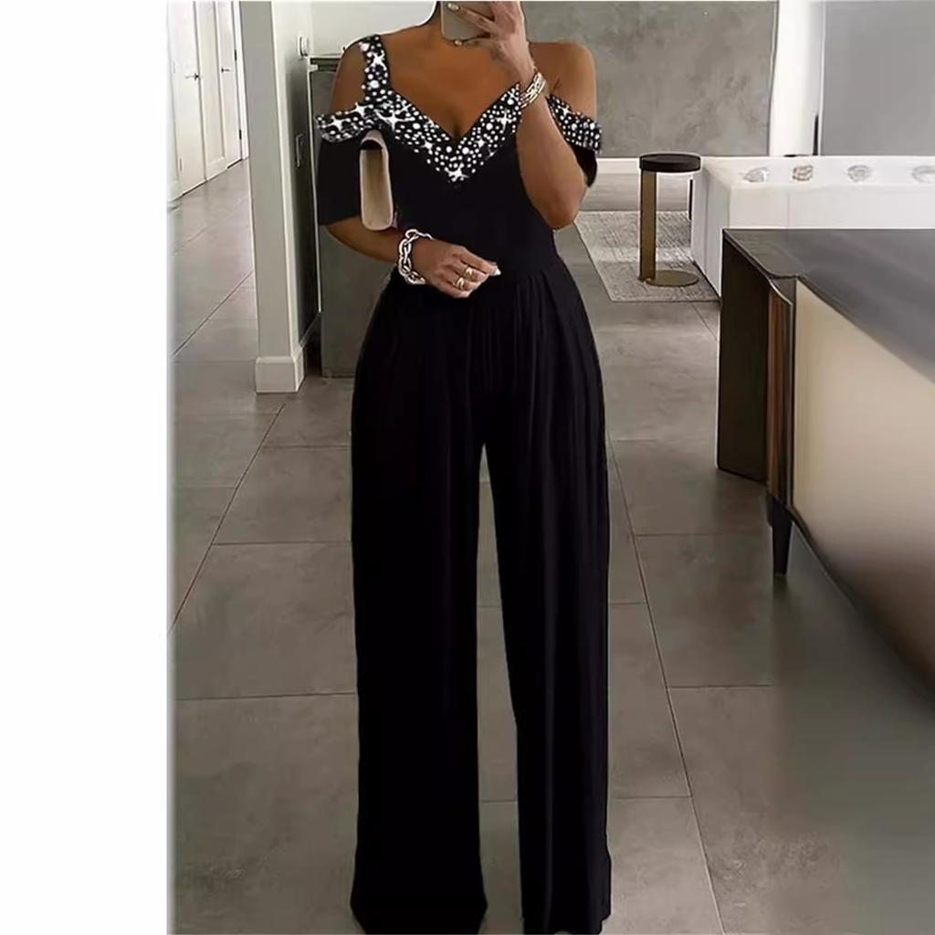 Women's Off-Shoulder Jumpsuit with Polka Dot and Rhinestone Detail In Black, Wine Red, Navy Blue