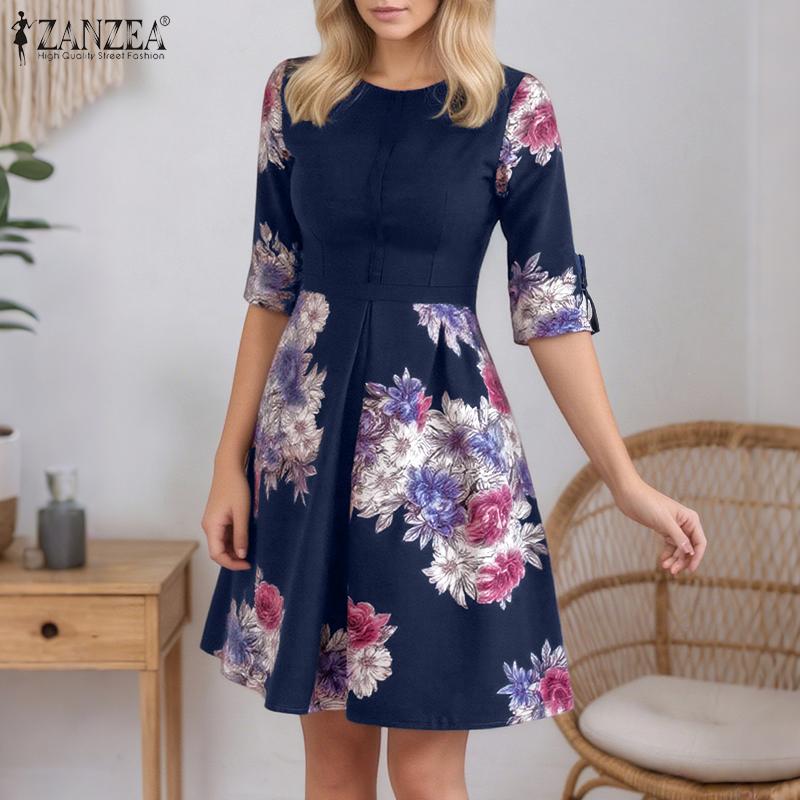 ZANZEA Women Floral Print Casual Round Neck Short Sleeve Dress