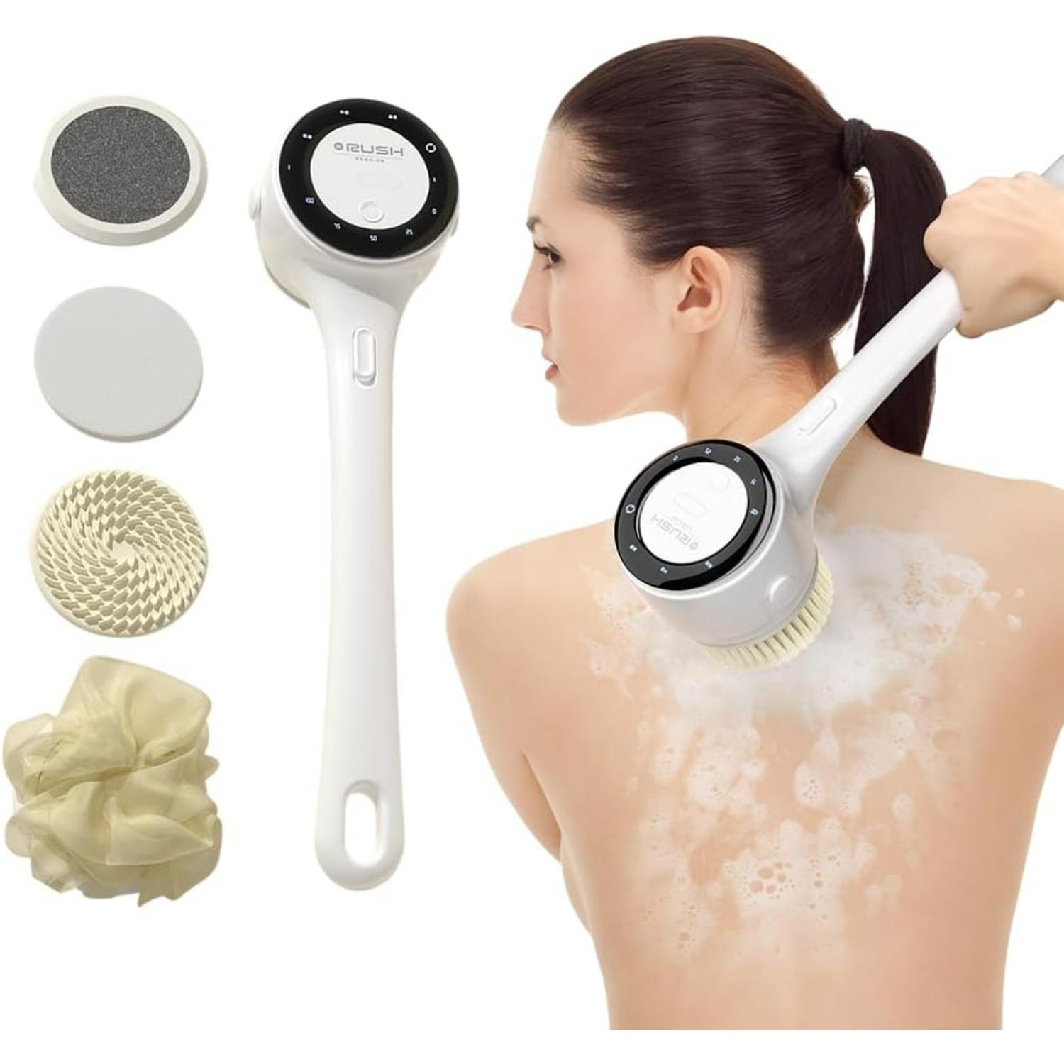 Electric Body Brush Back Scrubber for Shower,Waterproof Long Dual Handle Power Body Scrubber with 5 Heads,for Cleansing,Exfoliating and Massaging Skin белый