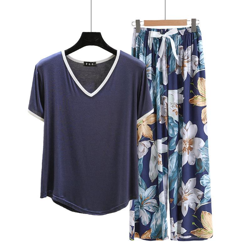Modal Loungewear V-Neck color-block Tshirt and Floral Wide leg pants Summer Thin Pajamas sets Casual Plus size Homewear 2pcs suit Comfort clothing
