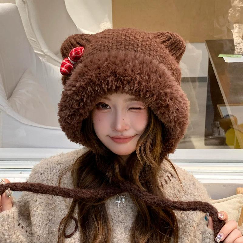 Cute Bear Ears Bow Knitted Lei Feng Hat Children's Winter Big Head Circumference Warm Ear Protective Wool Hat