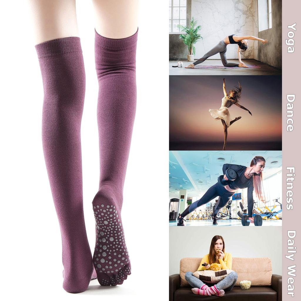 Women Thigh High Toe Socks Five Finger Striped Anti-slip Leg Warmer Dance Yoga Long Boot Stockings