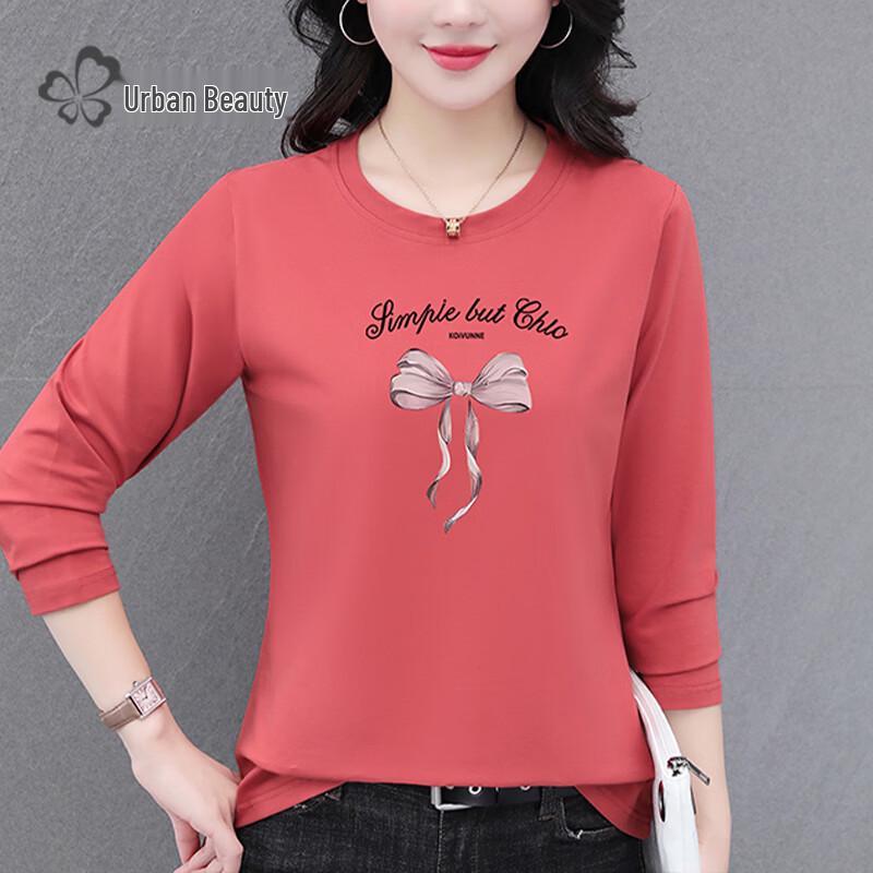 Women's Casual Bow-Print Long-Sleeve Crew Neck Cotton Blend T-Shirt