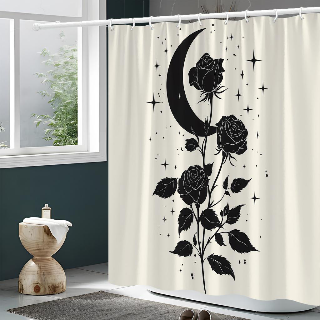 Romantic Black Roses & Crescent Moon Shower Curtain - Sparkling Stars, Soft Beige Background, Durable Polyester, Bathroom Decor