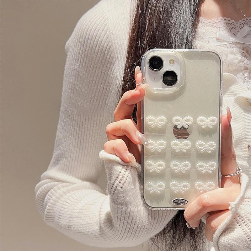 Wind Pearl Bow Mobile Phone Case Is Suitable For Iphone16Pro Transparent Silicone Soft Glitter Apple 17 Women'S Models