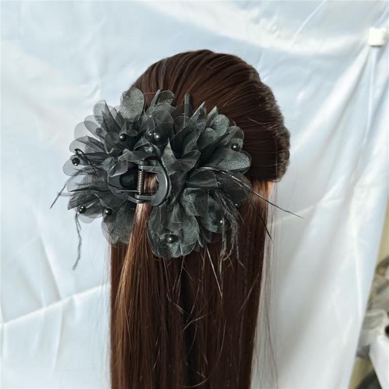 Peony Feather Hair Clip - Korean Style, Luxurious Black Pearl Shark Clip with Tassels. Versatile Fashion Accessory.