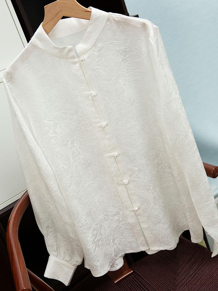 Elegant Silk Jacquard Floral Stand Collar Long-Sleeve Shirt for Women