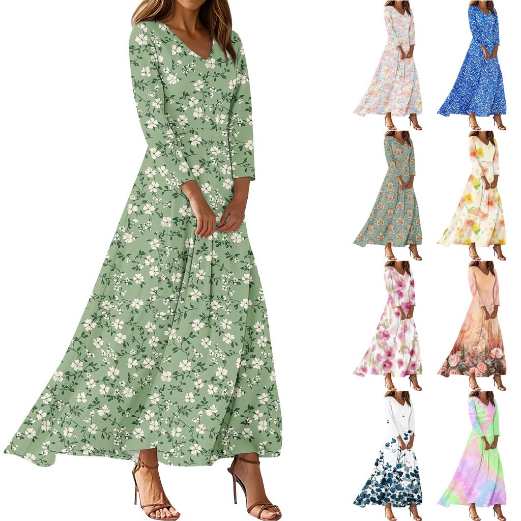 Dresses For Womens Vintage Flower Tunic Waisted Midi Dress Summer Casual  3/4 Sleeve Dress