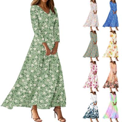 Dresses For Womens Vintage Flower Tunic Waisted Midi Dress Summer Casual  3/4 Sleeve Dress