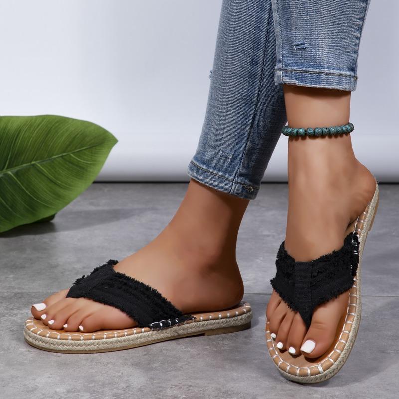 Summer Women's Plus Size Fleece Lined Flat Hemp Rope Flip Flops Comfortable Flat Canvas Slippers