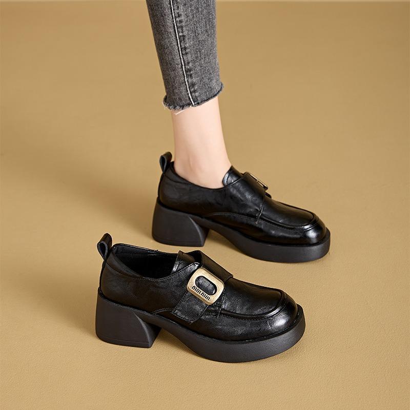 Thick-soled Leather Women's Spring Shallow Mouth Single Shoes Women's New Casual Retro Small Leather Shoes Women