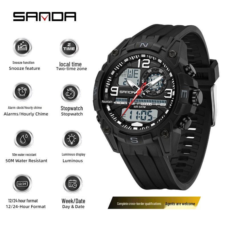 Sanda Men's Multifunctional Waterproof Sports Watch with Dual Display and Snooze Alarm