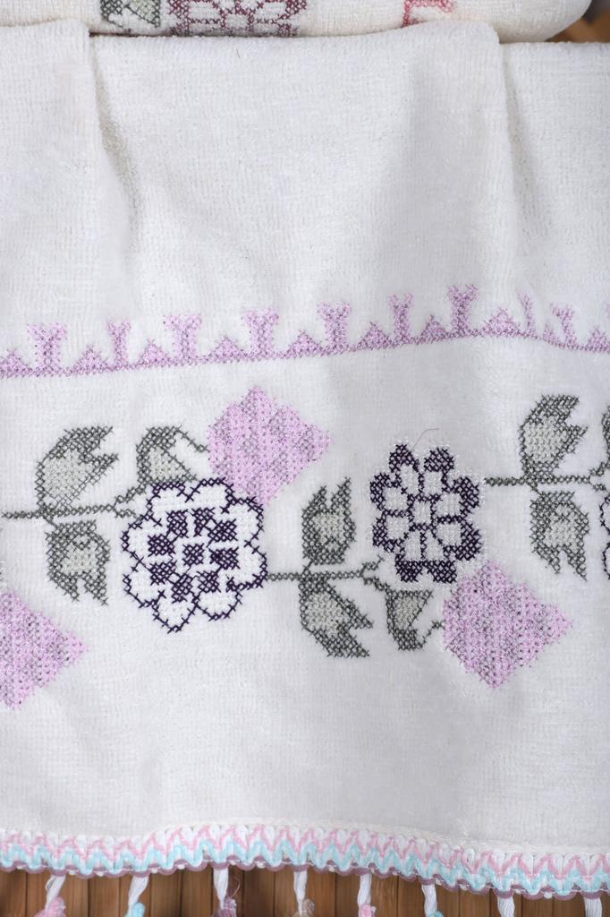 Set of 6 Cross Stitched Flower Embroidered Hand and Face Towel Set with Tassels, Gift Dowry Hand and Face Towel Set 50 X 90 Cm