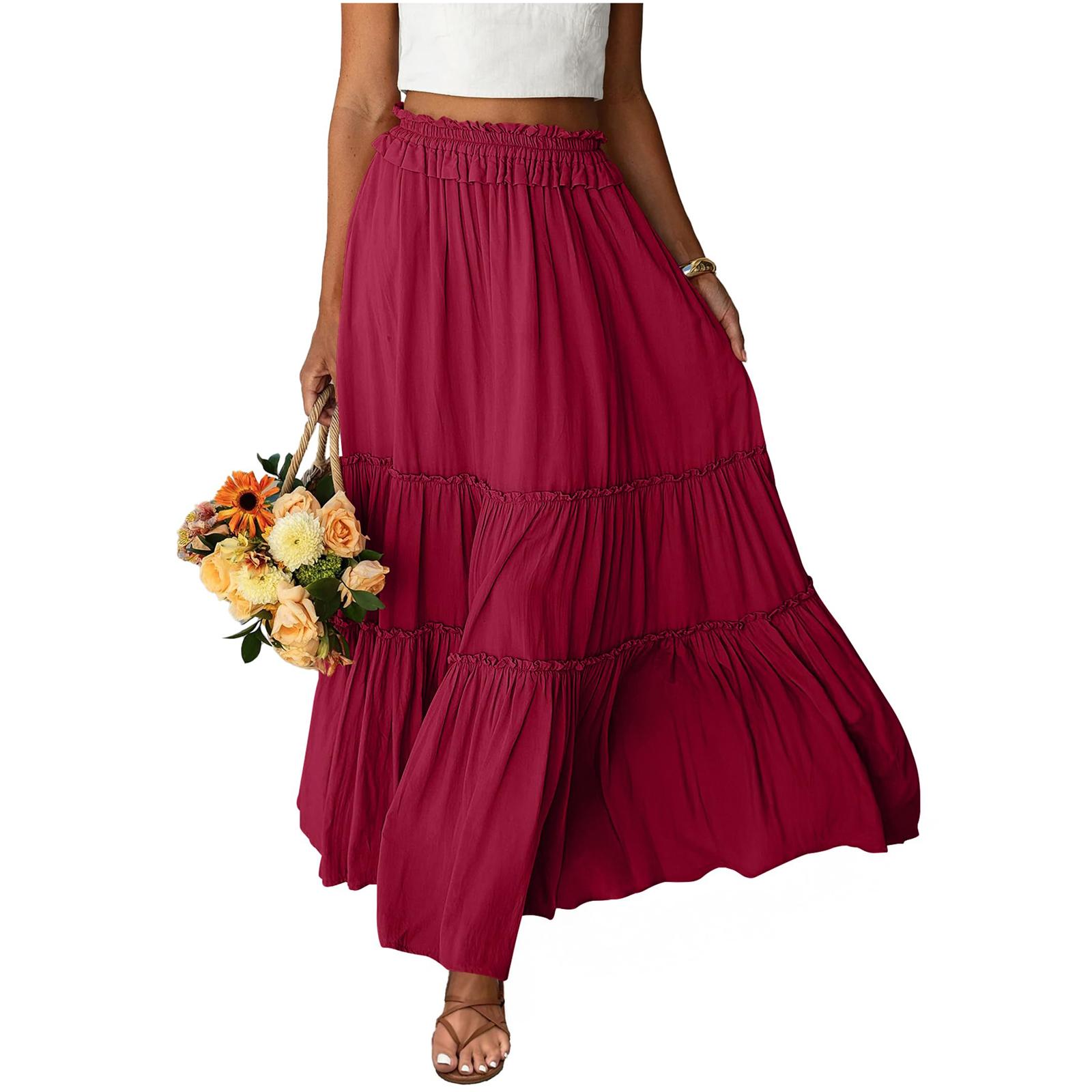 

Womens Maxi Skirt Flowy Swing Ruffle Tiered Elastic High Waist Long Skirts XL червоний