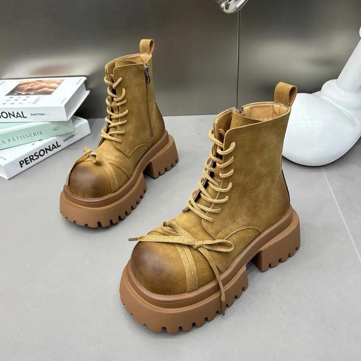 

Женские зимние ботинки на толстой платформе с ботильонами на среднем каблуке с бантом, модные кожаные туфли для женщин, зима 2024, тренд, готика, челси, ботинки-ботинки Mujer 40