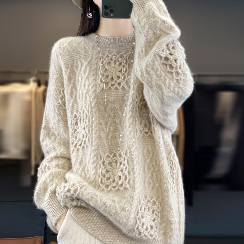 2024 Women's Autumn/Winter 100% Pure Wool Thick Hollow Out Round Neck Sweater