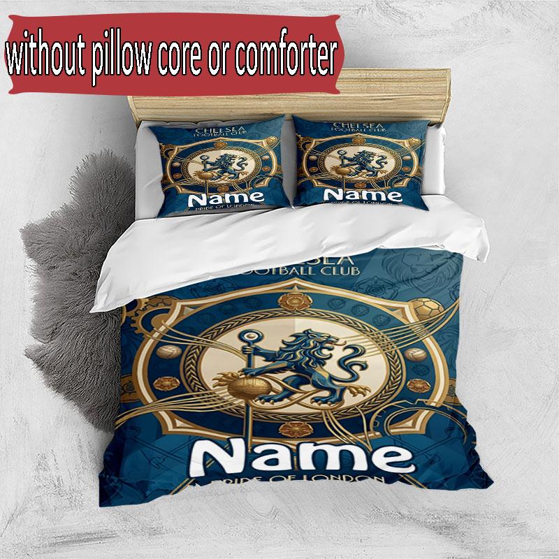 3pcs Duvet Cover Set (1*Duvet Cover + 2*Pillowcase, Without Core), Custom Name Chelsea Football Club Pattern Bedding Set, Home Bedroom Decor Gift