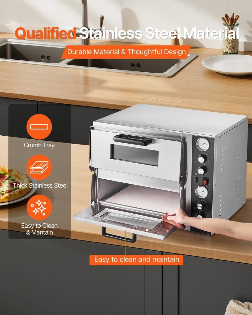Pizza Oven Electric, 18" Double-Deck Commercial Countertop Pizza Oven, 842°F Max Temp, Indoor Pizza Maker with Thermometer, Independent Upper & Lower