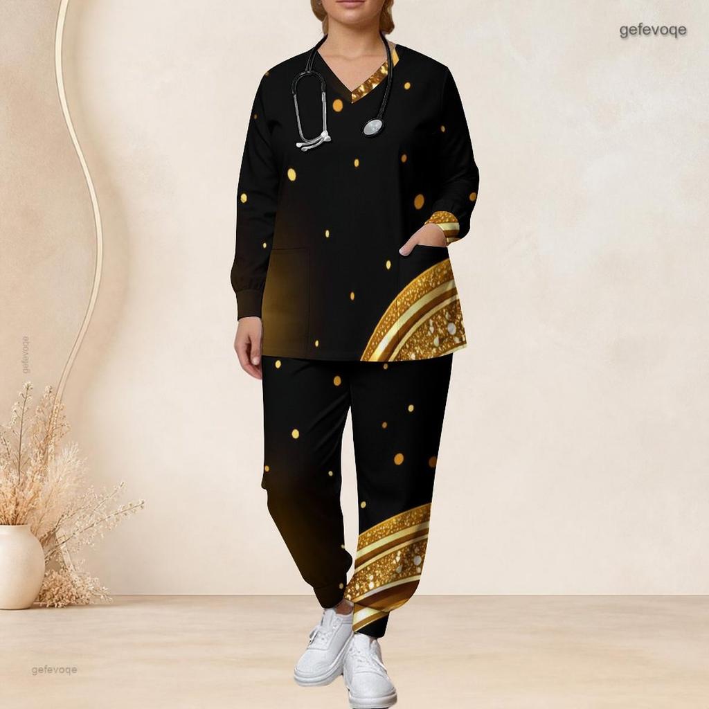 Women Plus Size Printed Nurse Scrub Set V Neck Long Sleeve Top With Pockets Long Pants