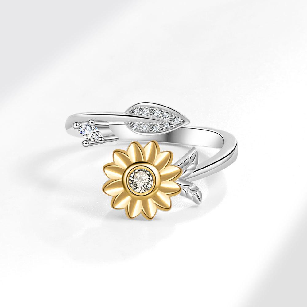 Fashionable Two Tone Sunflower Open Ring For Women With Zircon Stone Flower Jewelry