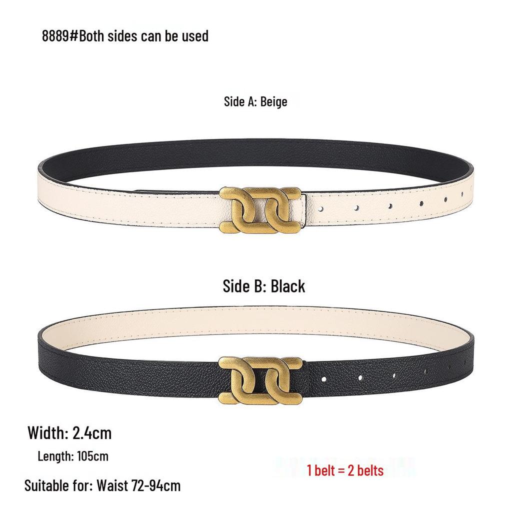 Smooth Buckle Black Lychee Grain Dual-Use Women's Leather Belt