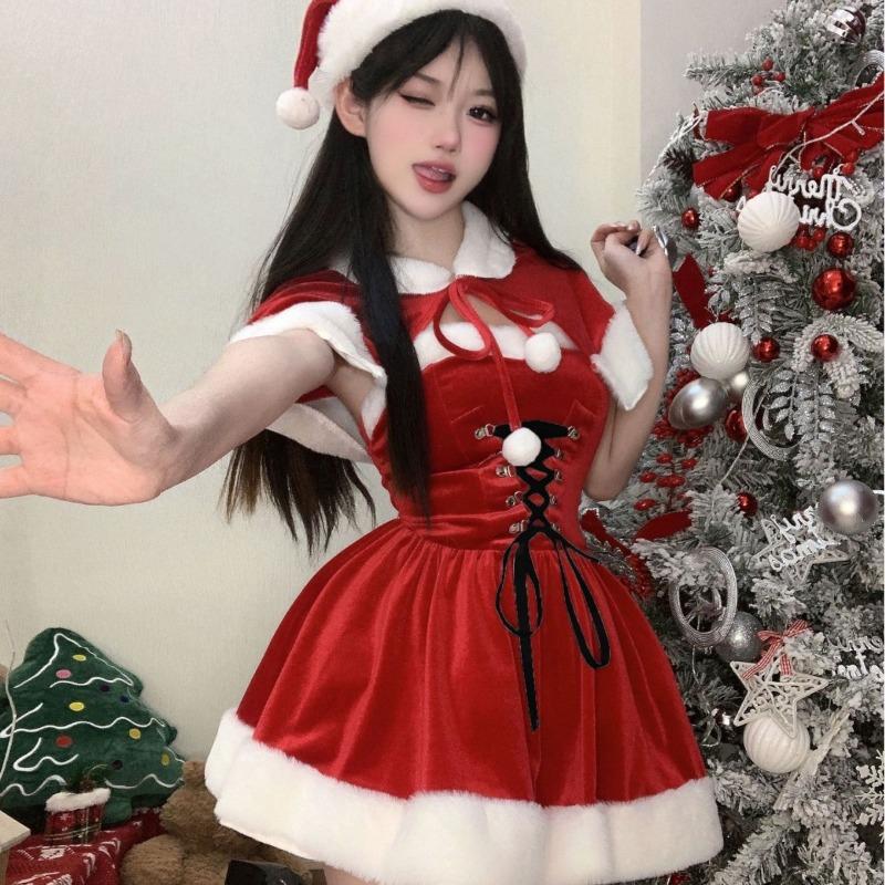 Sexy Lingerie Princess Look! Christmas Shawl Velvet Dress Sexy Lace-up Waist Pure Lust B82