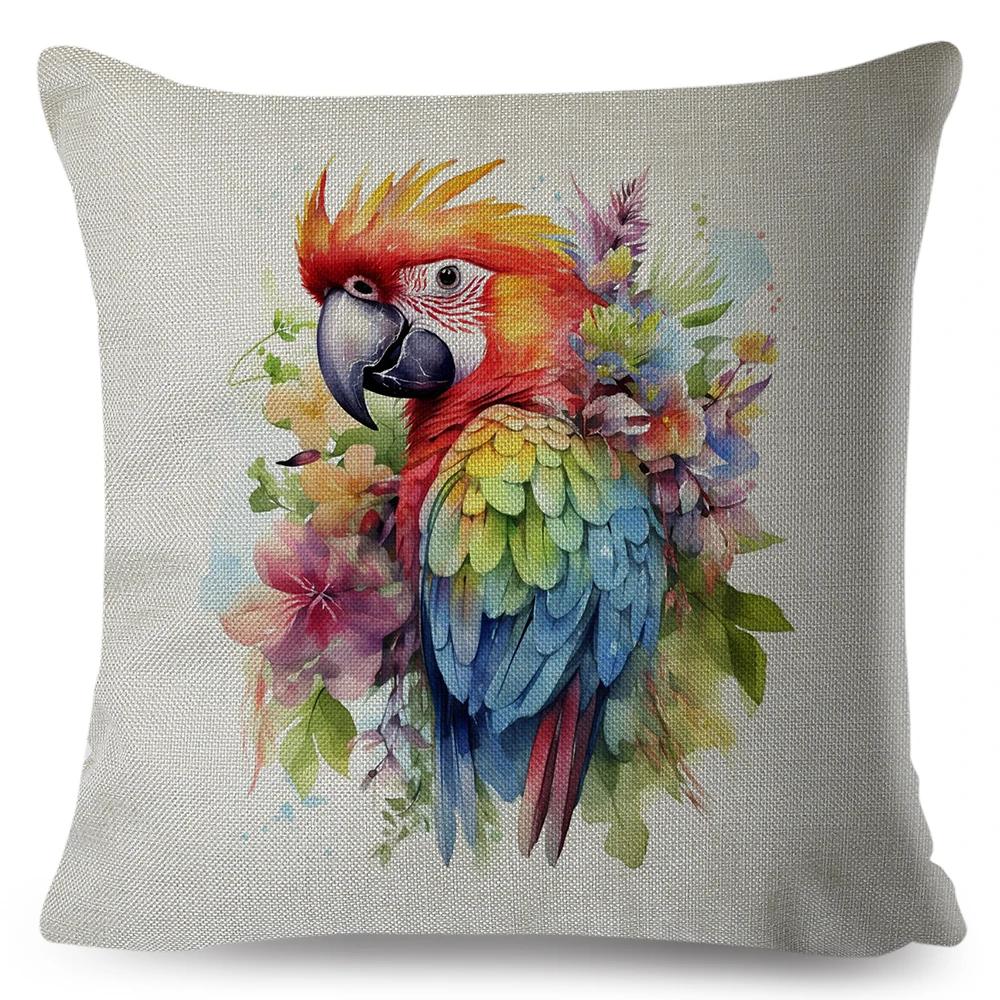 Federa Cuscino Doppia Stampa Cartoon Uccello Pittura ad Acquerello per Decorazione Divano Casa Bella Pappagallo Animale Federa Cuscino Copricuscino in Lino