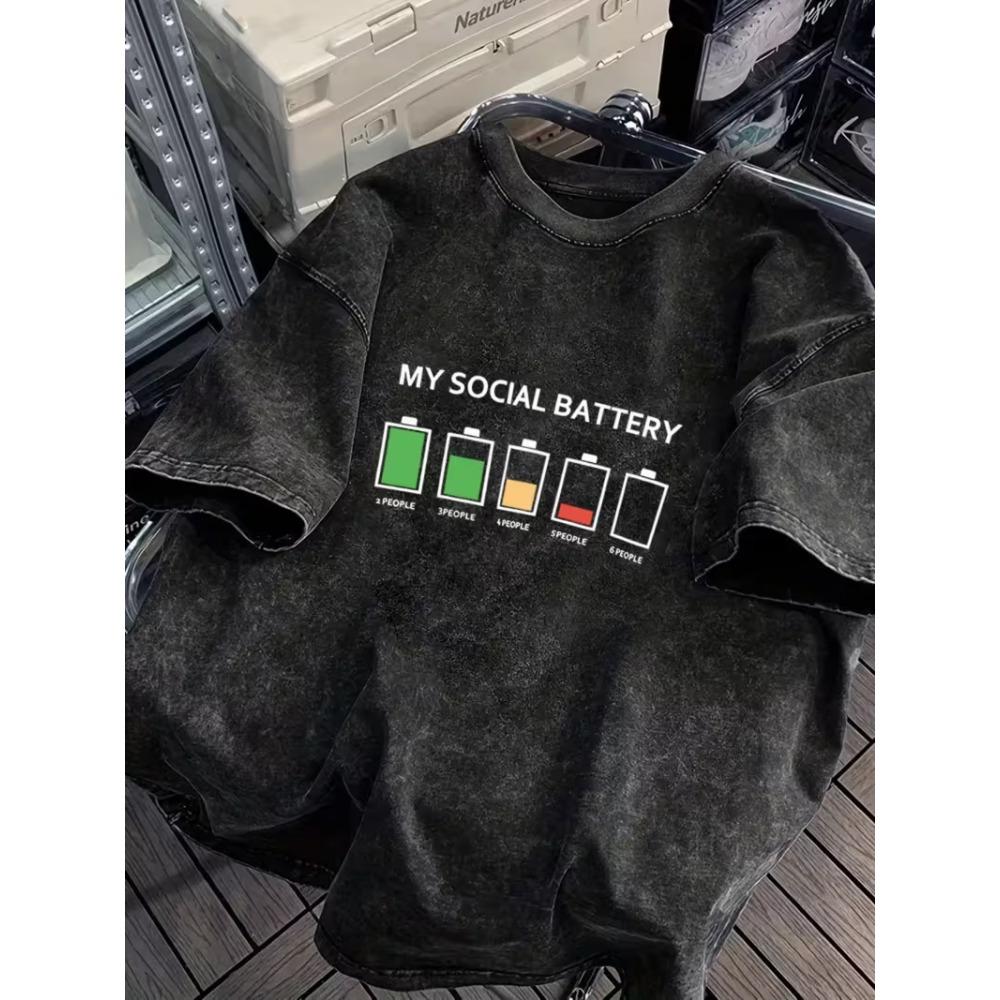 Vintage Washed Low Battery Print T-Shirt Funny Beer Lover Humor Oversized Streetwear Tee Casual Short Sleeve