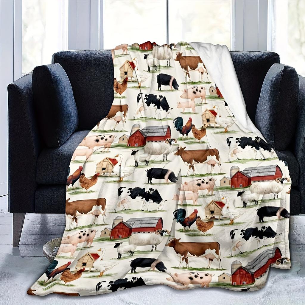 Cute Farm Animal Flannel Blanket - Soft Plush Rustic Style | Versatile for Home/Office/Camping/Sofa/Bed | Decor & Gift