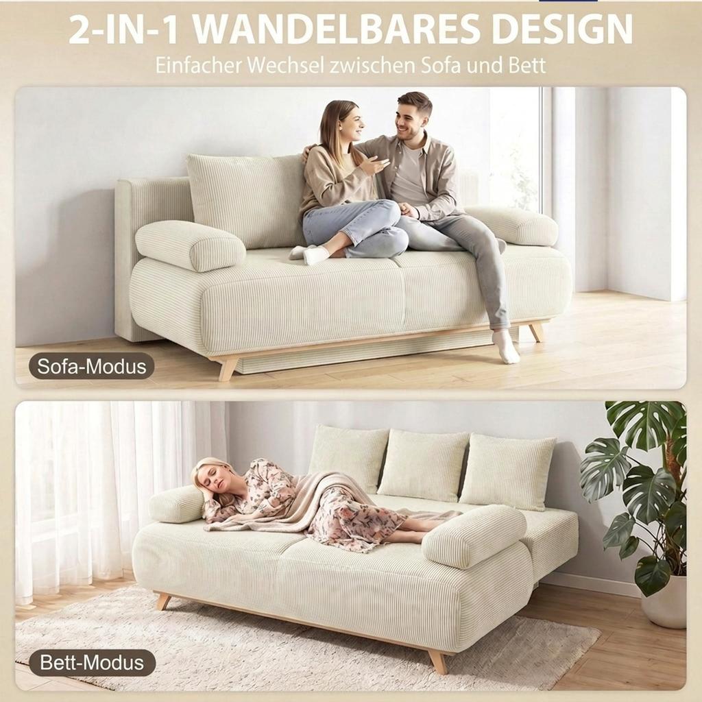Sofa Bed with Adjustable Backrest, Bed Function, Hidden Storage and Corduroy Cover, Beige