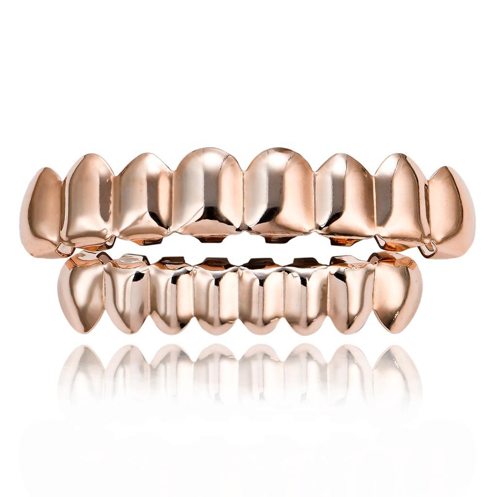 New HIP HOP Grillz Brass Gold Plated Set Plain 8 Teeth Top Bottom With Gold Rose Gold Silver and Black Grillz Teeth Body Jewelry