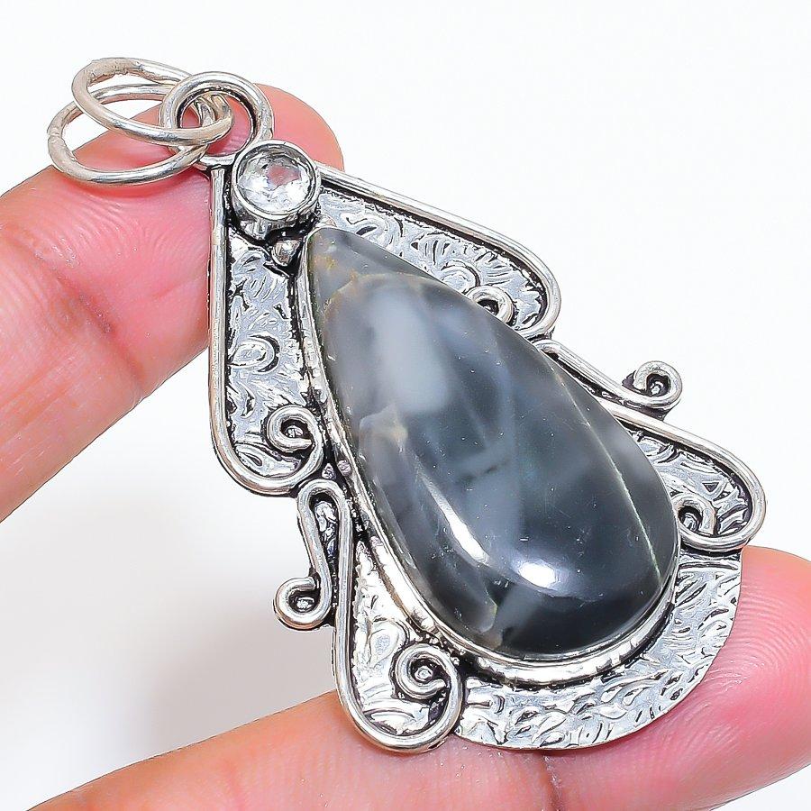 Natural Maligano Jasper, Topaz 925 Sterling Silver Jewelry Pendant 2.48" ZS-735