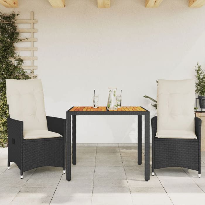 VidaXL 3-piece Bistro Set and Cushions Black Braided Resin Acacia, Garden Bistro Set, Balcony Set, 3276679