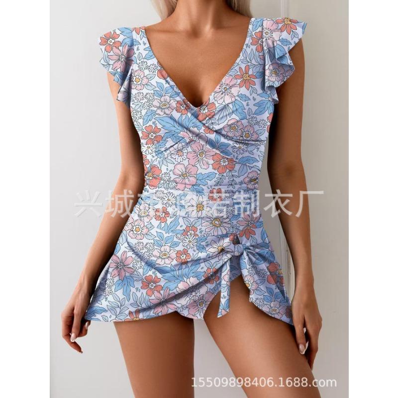 Damen Blumendruck Rüschenärmel Badekleid Seiten Schleife Dekoration Einteiler Badeanzug