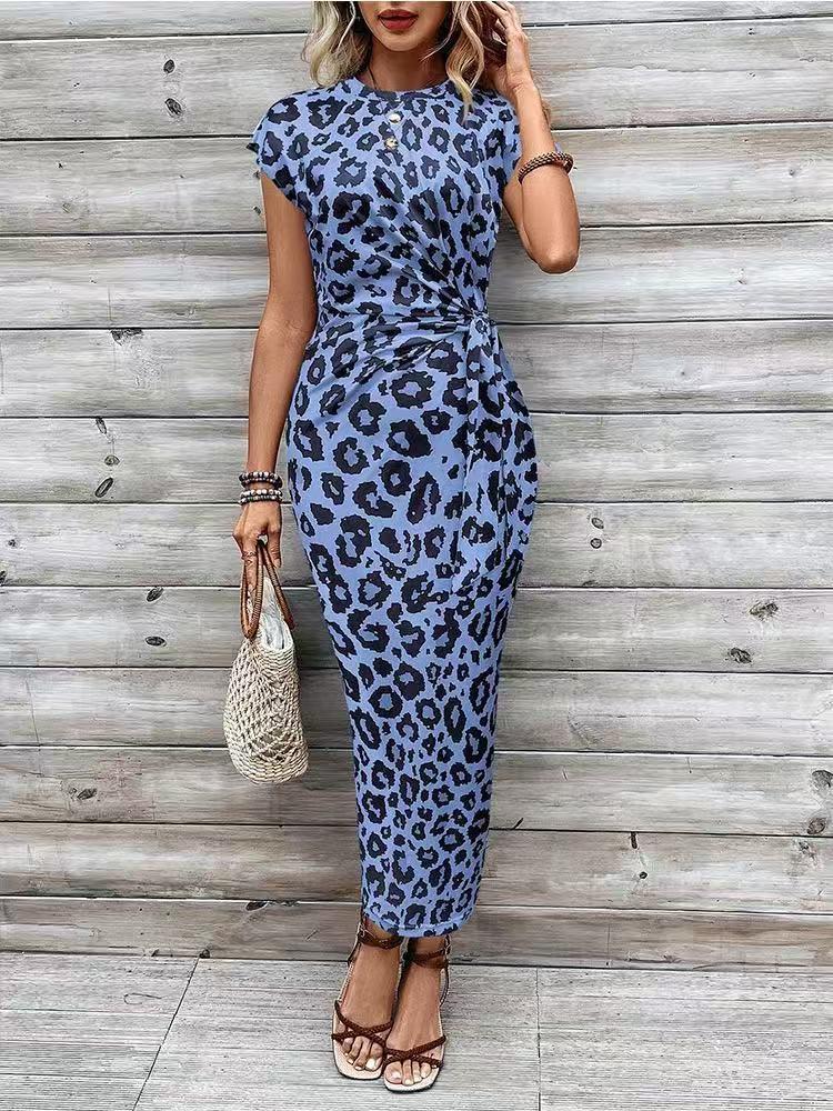 2025 Elegant Striped Short Sleeve Round Neck Waist Tie Summer Dress for Women
