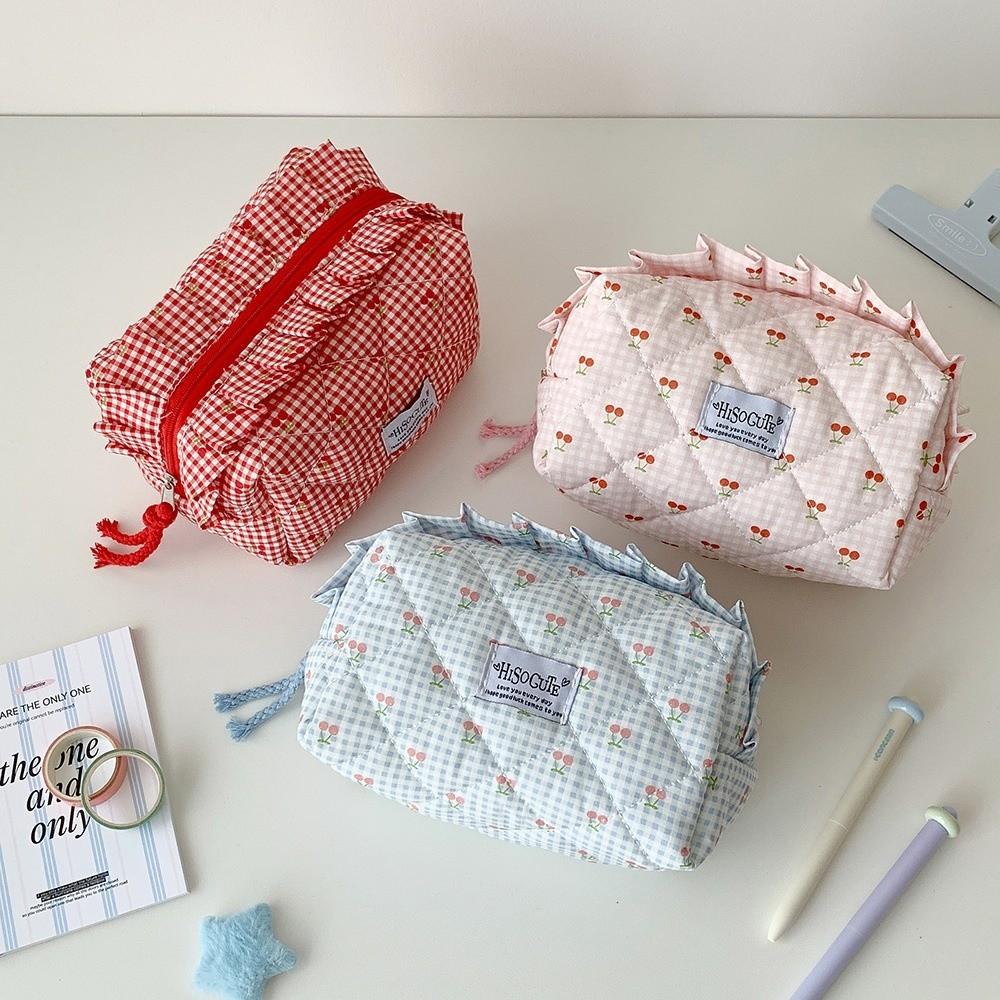 Large Capacity Fruit Cherry Pencil Bag Single Layer Cloth Plaid Pen Bag  Birthday Gift