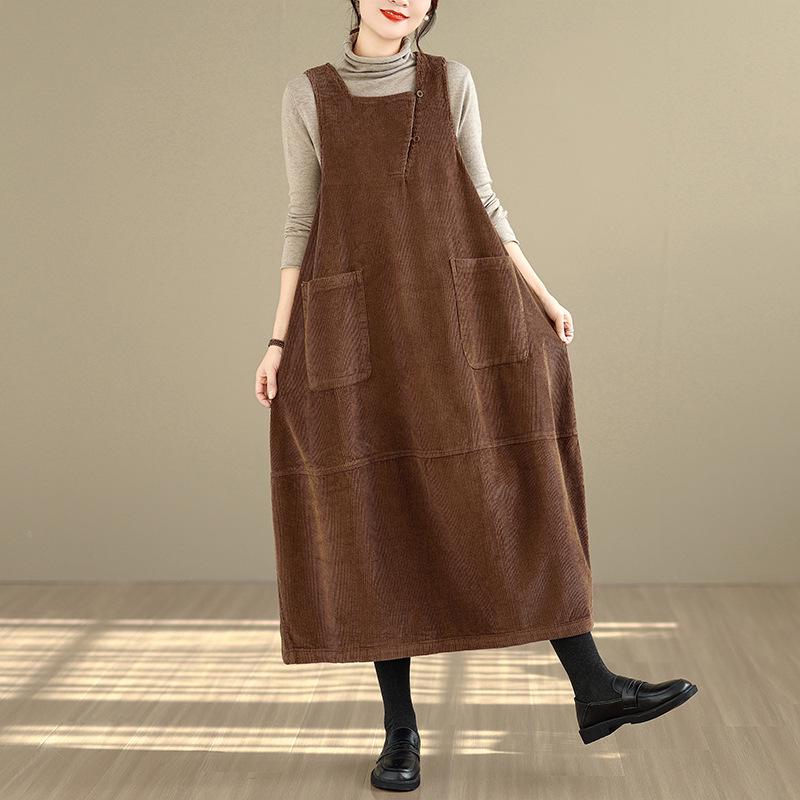 2025 Winter Women's Long Loose Fit Washed Cotton Corduroy Skirt with Square Neck and Slit, Stylish and Slimming Design