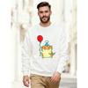 Men's Casual Round Neck Sweatshirt with Cartoon Dinosaur Holding Balloon Print