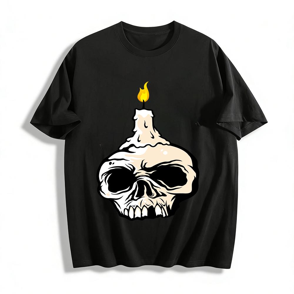 

Skull Candle Print Cool Retro American Casual Short Sleeve Tee Pure cotton T-shirt XXS