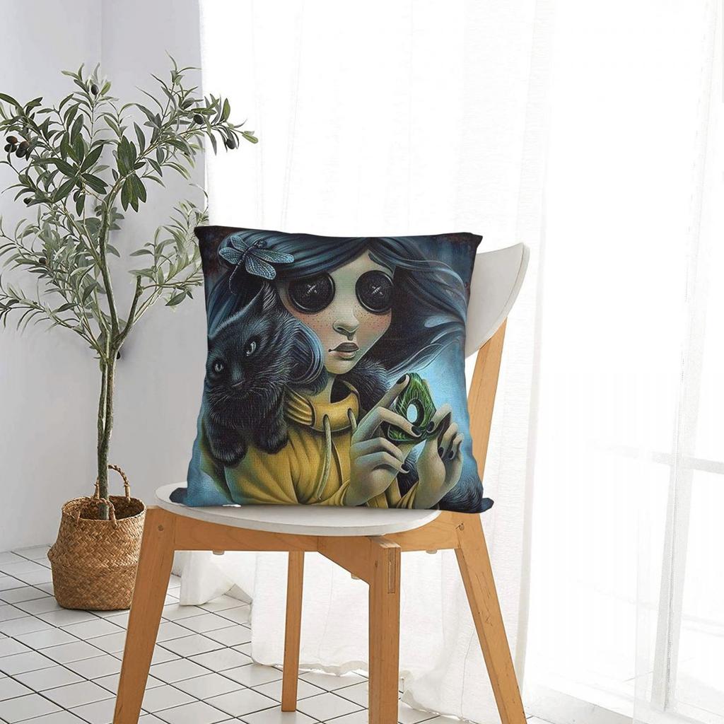 Coraline Horror Girl Pillowcase Polyester Cushion Cover Gift Halloween Cat Pillow Case Cover Bedroom Zipper 4545cm