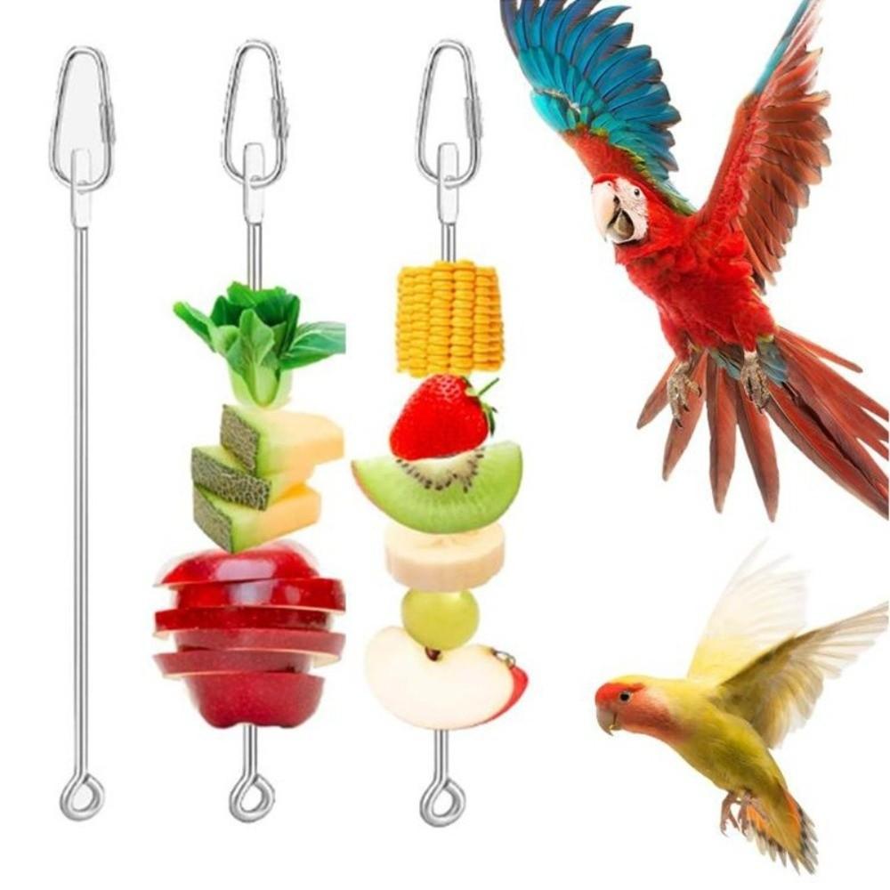 Stainless Steel Bird Food Holder Hanging Rust-proof Parrots Fruit Skewer with Hook Adjustable Bird Foraging Toys Indoor