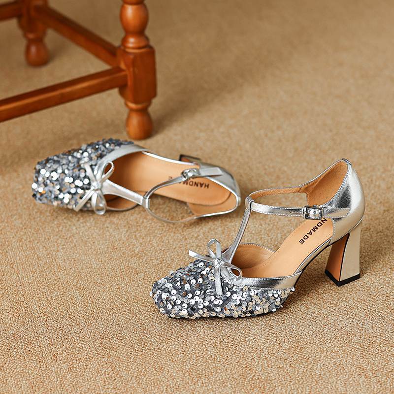 Krazing Pot Paillettenstoff Quadratische Zehenpartie Größe 41 High Heels Bling Glänzend Party Hochzeitsschuhe Herbst Schleife Pumps