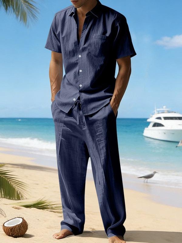 Men's European & American Linen Short Sleeve Shirt and Long Pants Set for Summer