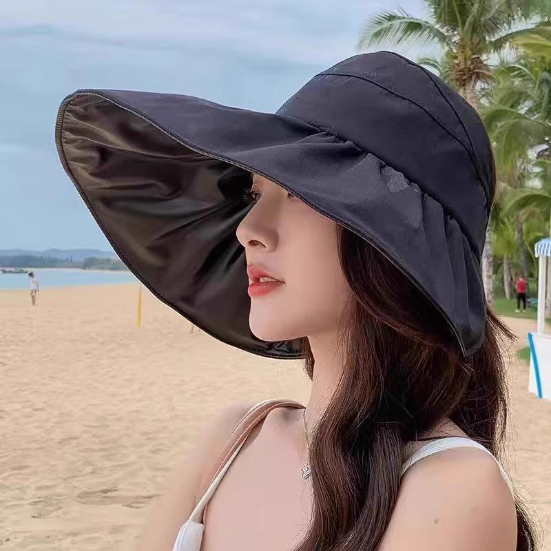 

2025 Black Vinyl Wide Brim Open-Top Sun Hat with UV Protection and Heat Insulation