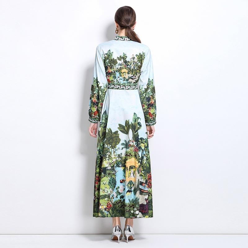 Jaro Podzim Dámské Vintage Potisk Hluboký Výstřih do V Dlouhý Rukáv Jednořadé Dlouhé Maxi Dovolená Plážové Šaty