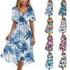 Women's Fashion Casual V Neck Short Sleeve Ruffled Vintage Printed Dresses
