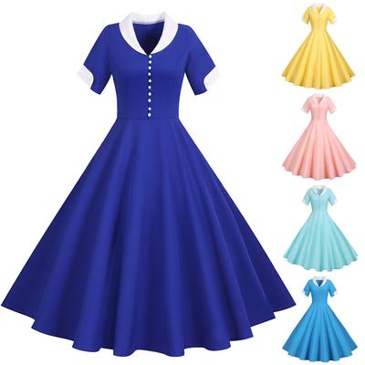 Women's Fashion Casual Slim Solid Colour Vintage Short Sleeve Suit Collar Big  Dresses
