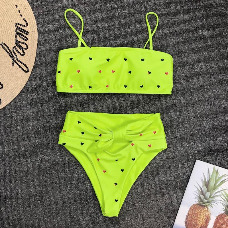 2 Piece Heart Print Bandage Swimsuit Bikini Set Push Up Swimwear High Waisted Girls Bathing Suit